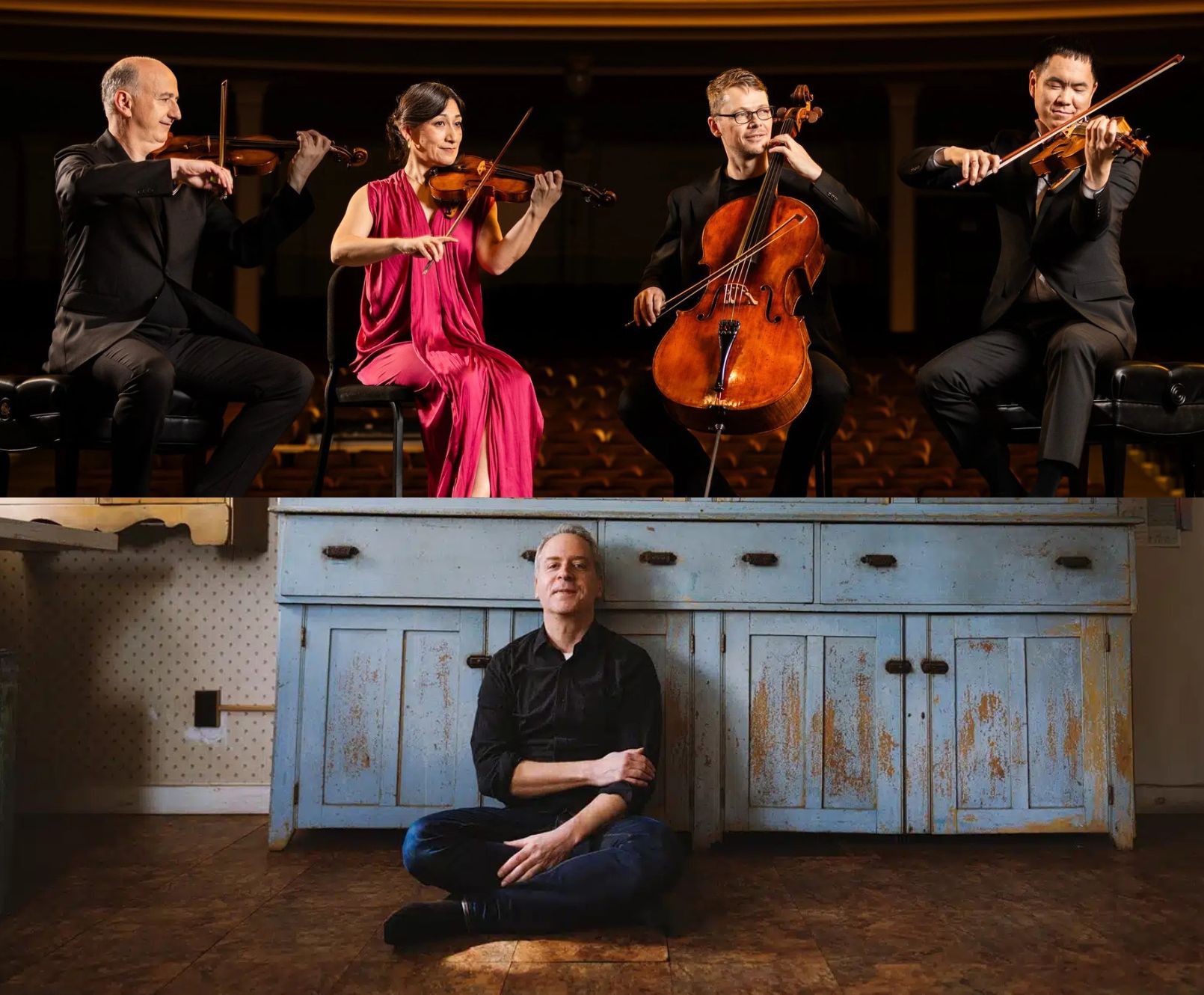 A composite of two images: a string quartet performing on stage, and a man seated cross-legged on the floor in front of a blue cabinet.