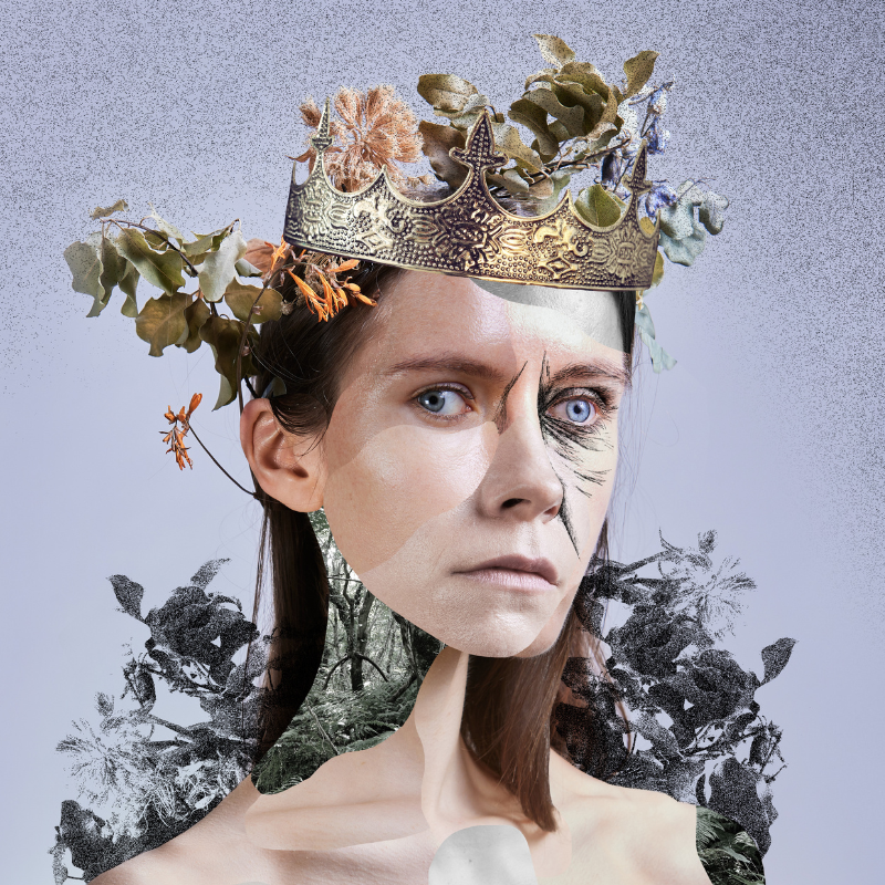 A collage portrait of a performer with aged makeup, wearing a crown overgrown with foliage, surrounded by layered botanical imagery.