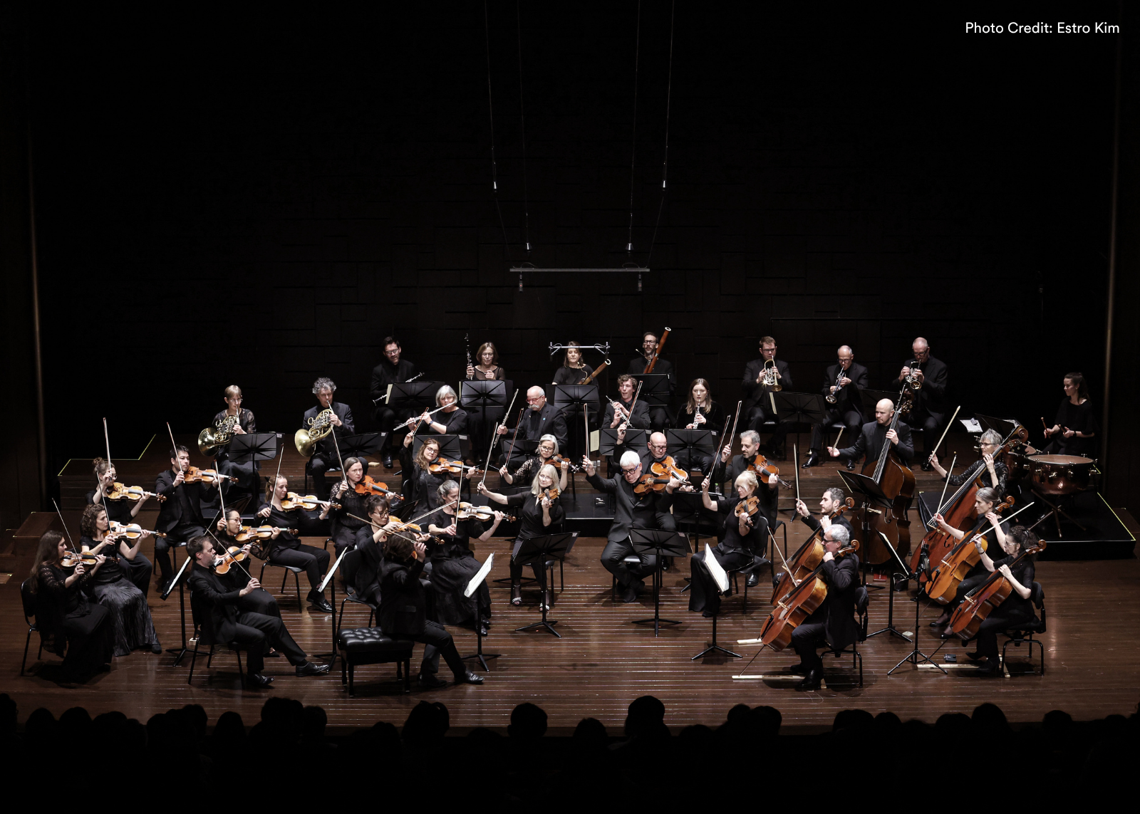 A chamber orchestra performs on a darkened stage, strings in the foreground and brass and woodwinds behind, with bows raised mid-performance. Photo: Estro Kim.