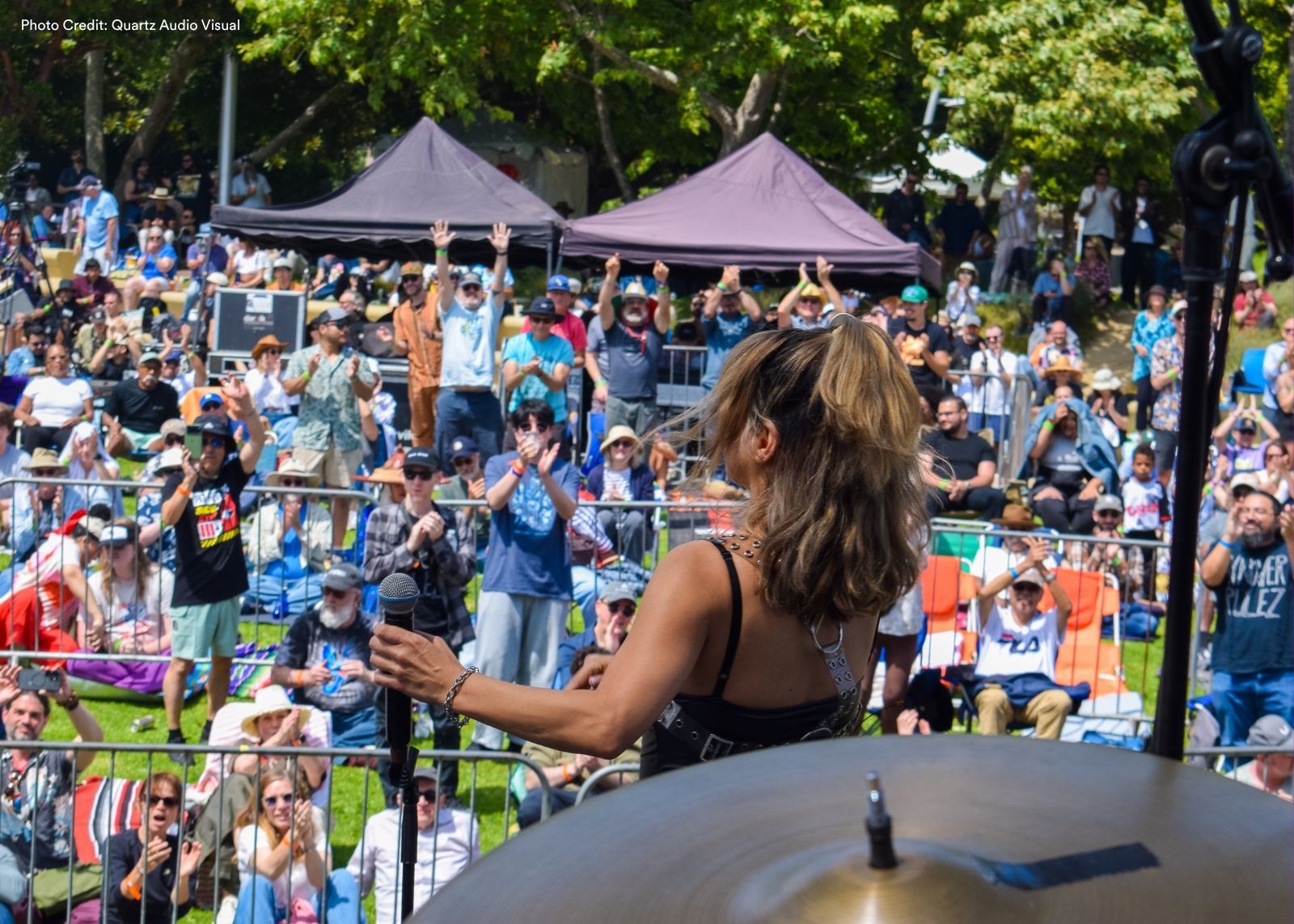 A performer with a microphone faces a cheering outdoor crowd, with audience members raising their hands.