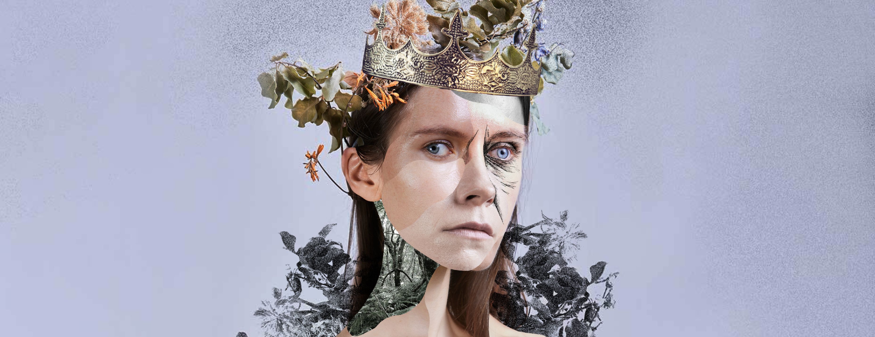 A collage portrait of a performer with aged makeup, wearing a crown overgrown with foliage, surrounded by layered botanical imagery.