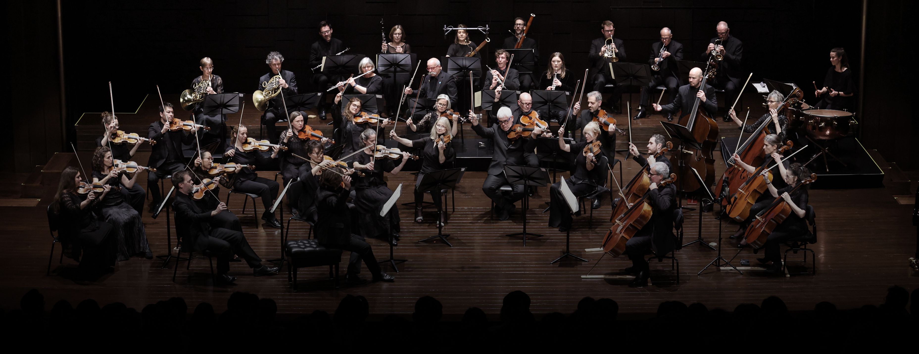 A full orchestra performs on a concert stage, led by a conductor at center.