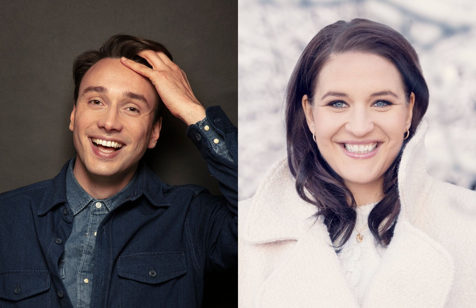 Side-by-side headshots of a smiling man in a denim shirt and a smiling woman in a white coat.