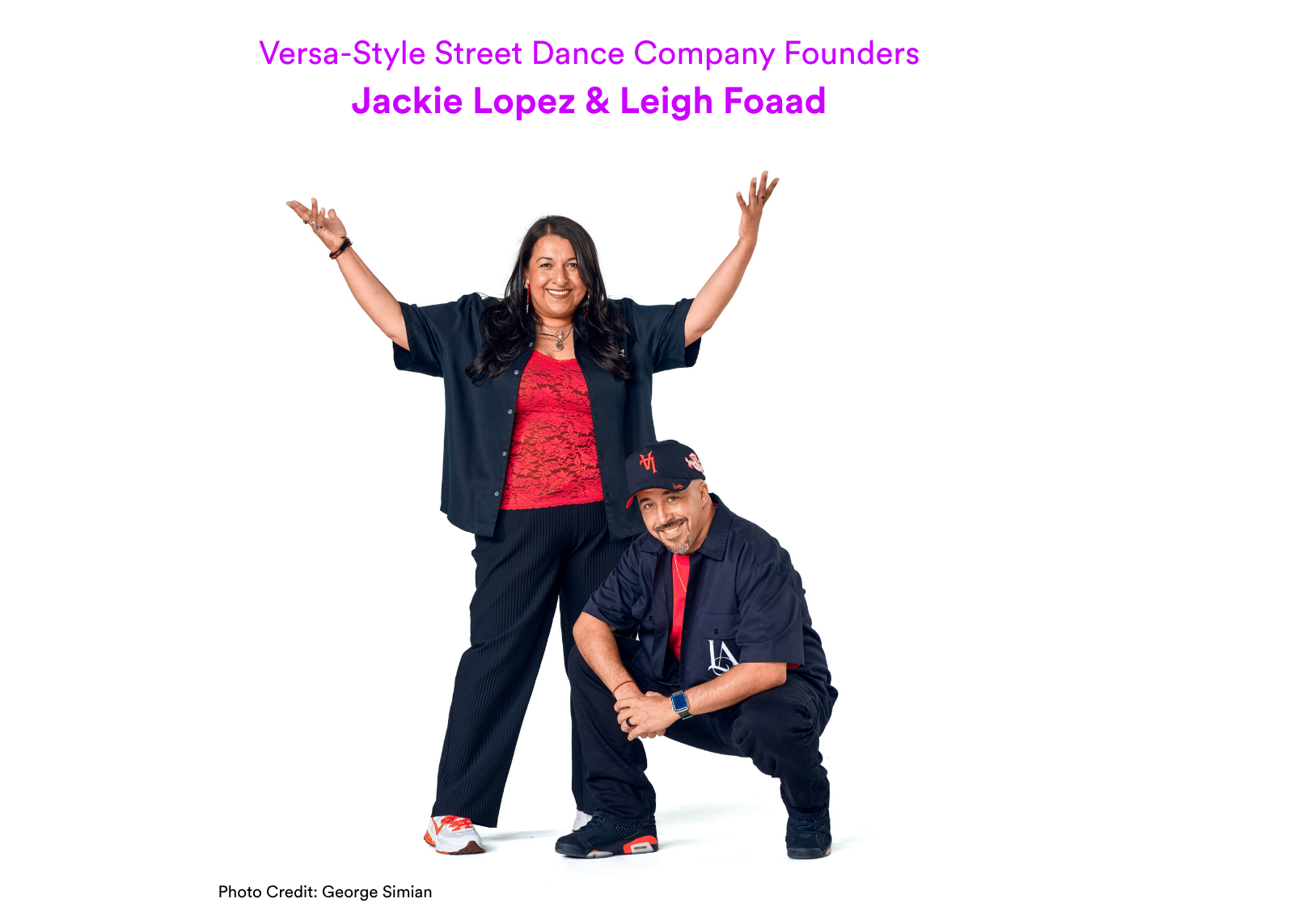 Versa-Style Street Dance Company founders Leigh Foaad and Jackie Lopez lean against a dark brick wall, smiling casually at the camera. Photo: Timothy Salaz.