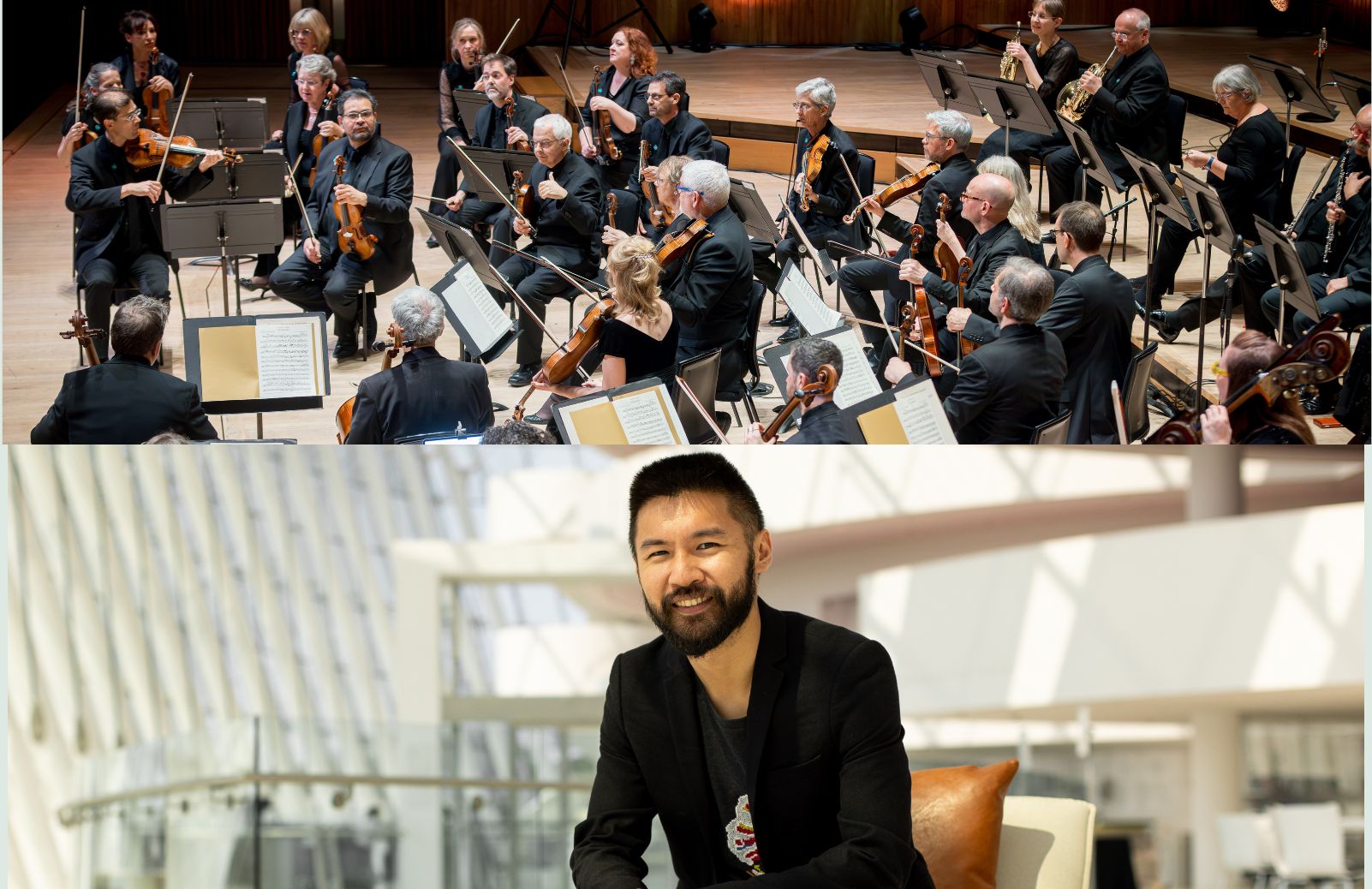 A composite of two images: a full orchestra performing in a concert hall, and a man in a black blazer smiling in a bright modern interior.