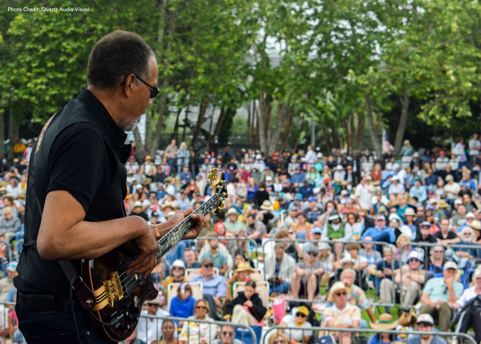 A bassist performs with his back to the camera, facing a vast outdoor crowd seated on a grassy lawn.